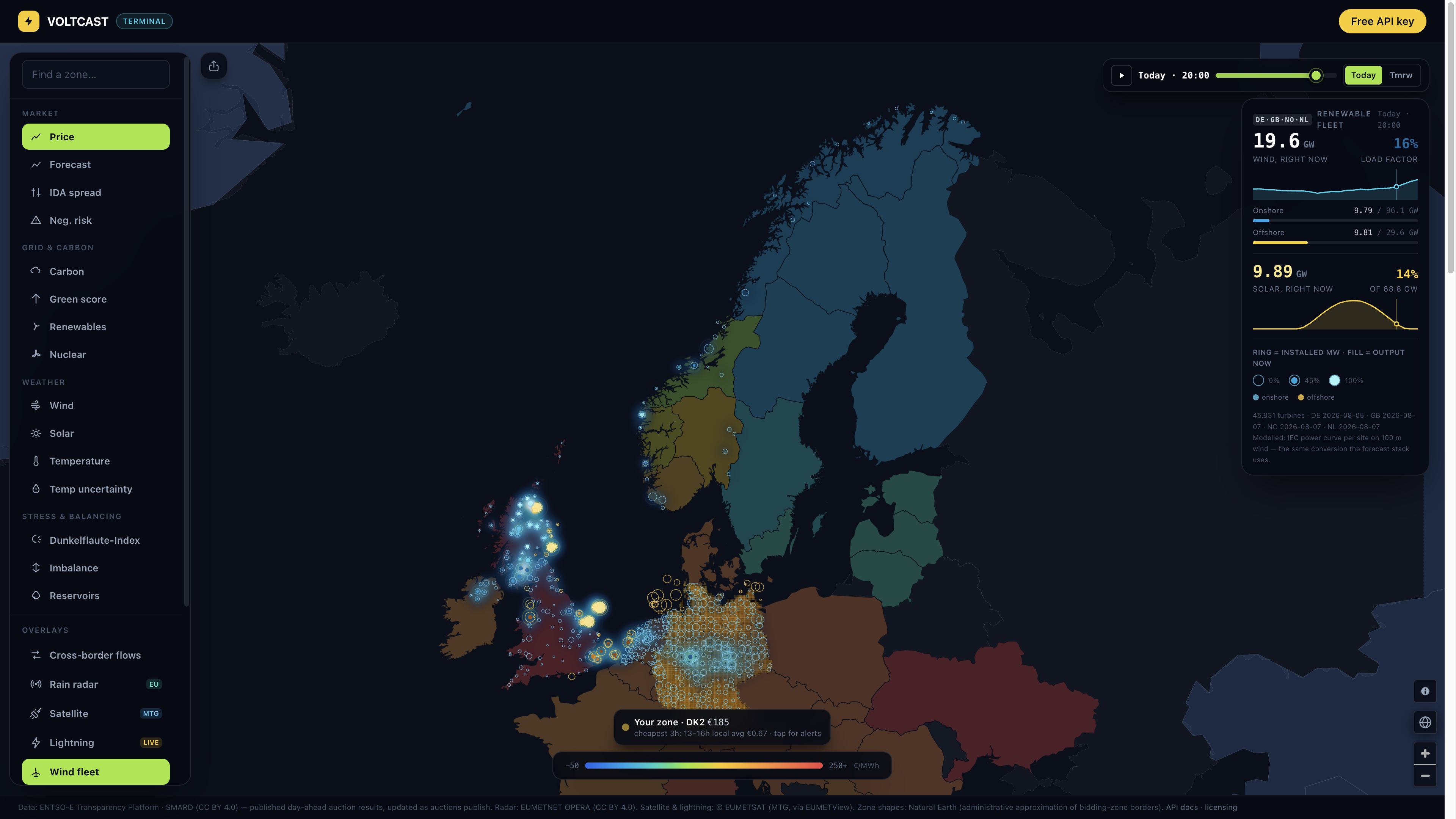 Voltcast Terminal showing wind farms as capacity rings and Germany’s solar capacity as grid cells.